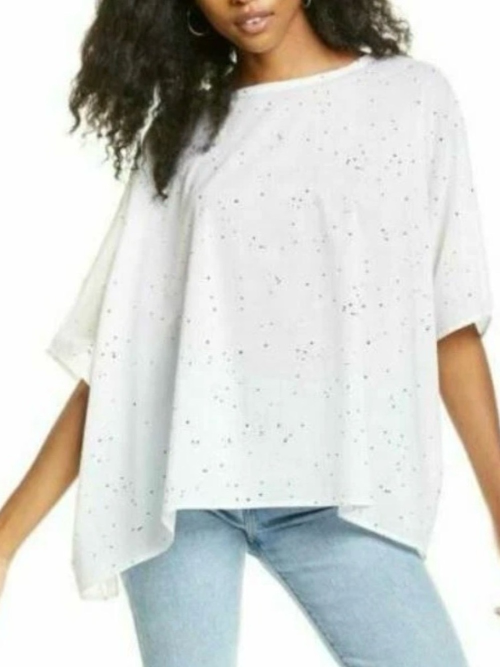 EILEEN FISHER Organic Cotton Voile Box Top L/XL White Splatter Print Oversized